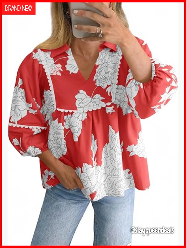 Womens Floral Peplum Babydoll Top 3/4 Puff Sleeve Pleated Blouse